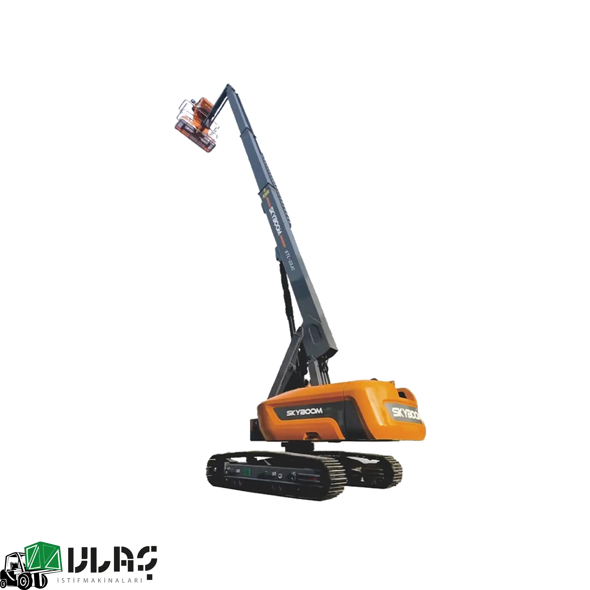 24 metre çalışma yüksekliğine sahip paletli teleskopik manlift — Ulaş İstif Makinaları tarafından geliştirilen, güçlü Weichai motoru, otomatik dengeleme sistemi ve paletli yürüyüş yapısıyla en zorlu arazi koşullarında yüksek performans sunan profesyonel erişim platformu görseli.